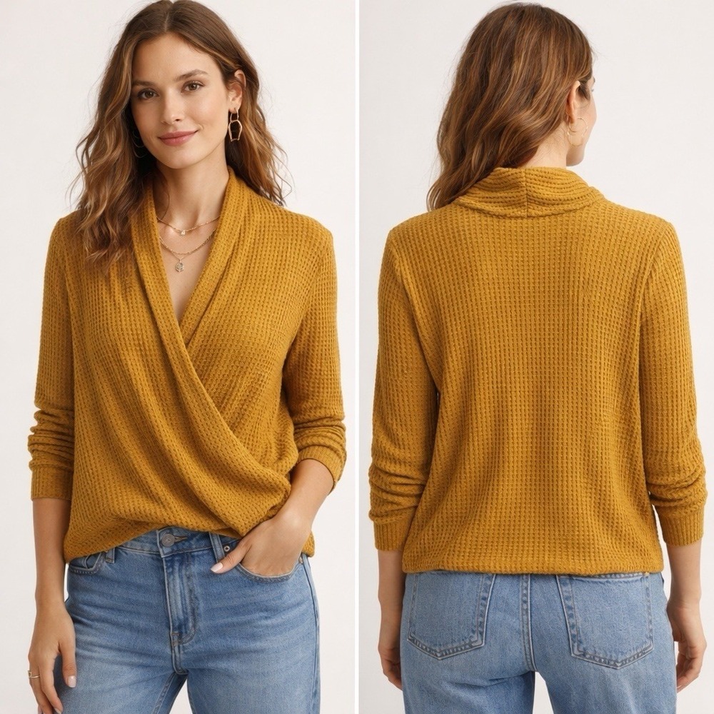 Anthropologie Akemi & Kin Top Womens Sz Sm Gold Surplice Neck Faux Wrap Sweater